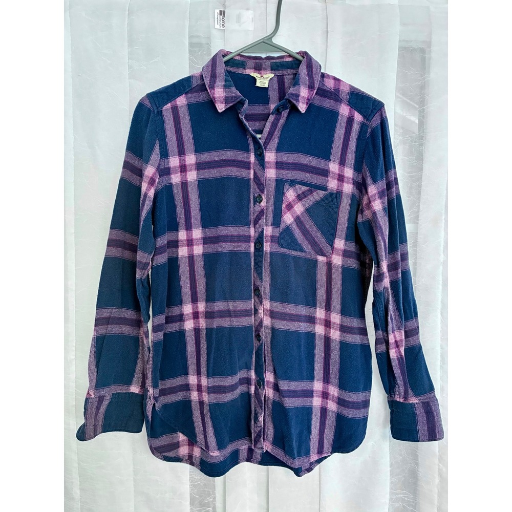 Woolrich Womens Navy Blue‎ Purple Plaid Flannel Button Down Shirt Size M